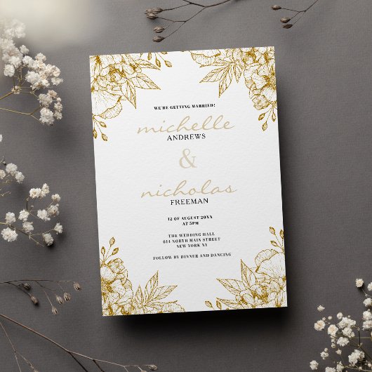 Luxe wit en goud glitter bloemenbruiloft kaart