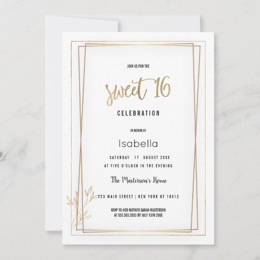 Luxe wit en goud minimalist Sweet 16 Kaart (Voorkant)
