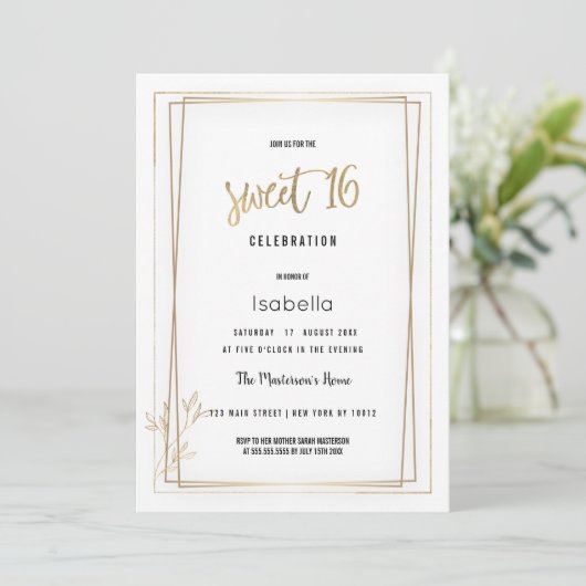Luxe wit en goud minimalist Sweet 16 Kaart (Staand voorkant)