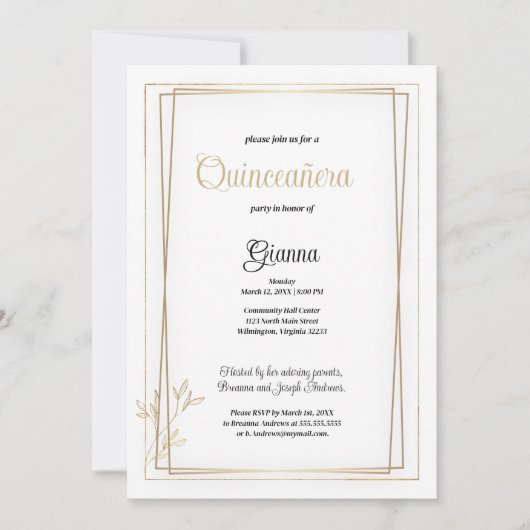 Luxe wit en goud minimalistische Quinceañera Kaart (Voorkant)