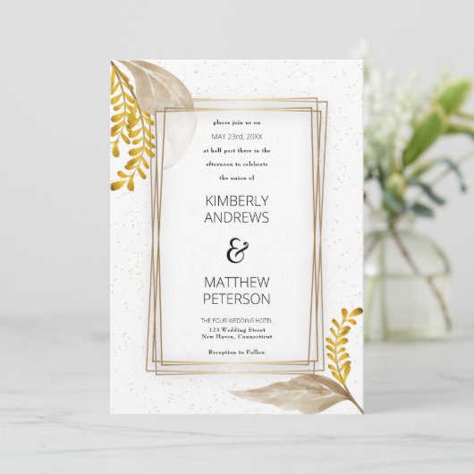 Luxe wit glam goud bloemenconfetti Bruiloft Kaart (Staand voorkant)