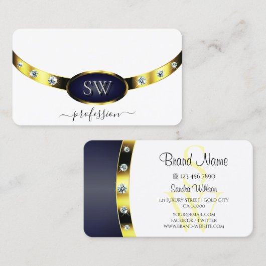 Luxe Wit Goud Blauw met Monogram Professional Visitekaartje (Voorkant / Achterkant)