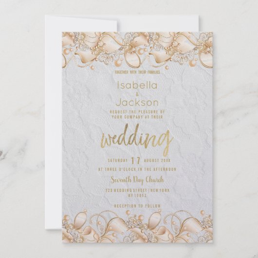 Luxe wit goud frans bloemenkant Bruiloft Kaart (Voorkant)