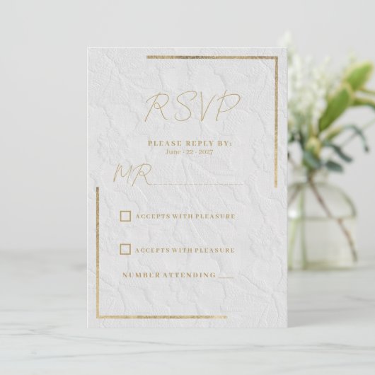 Luxe wit goud frans bloemenkant Bruiloft RSVP Kaart (Staand voorkant)