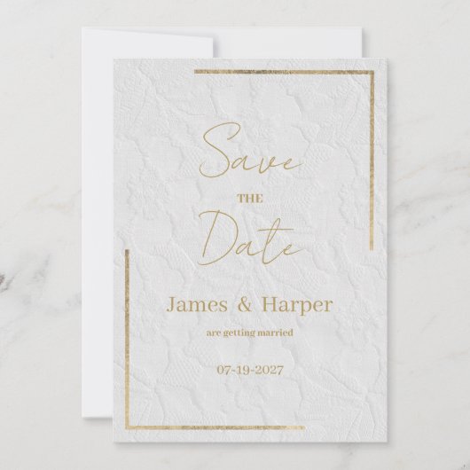 Luxe wit goud frans bloemenkant Save the Date Kaart (Voorkant)