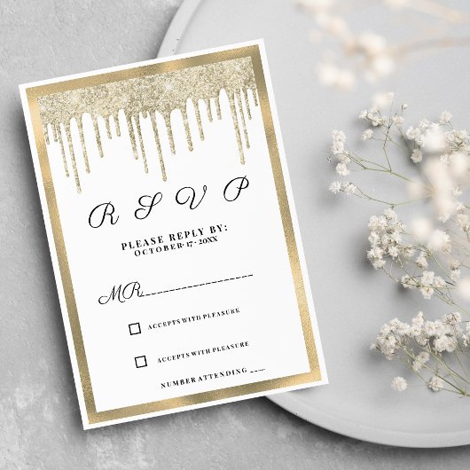 Luxe wit goud glinsterende druppels RSVP Kaart