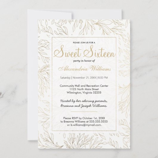 Luxe wit goud glitter blad bloemenzoet 16 kaart (Voorkant)