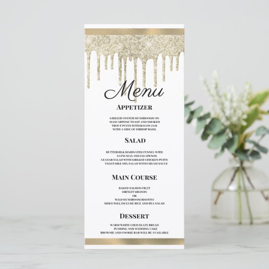 Luxe wit goud glitter druppels Bruiloft Menu (Staand voorkant)