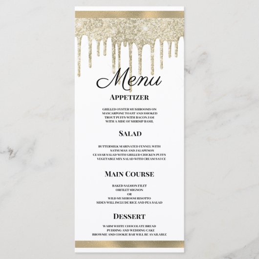 Luxe wit goud glitter druppels Bruiloft Menu (Voorkant)