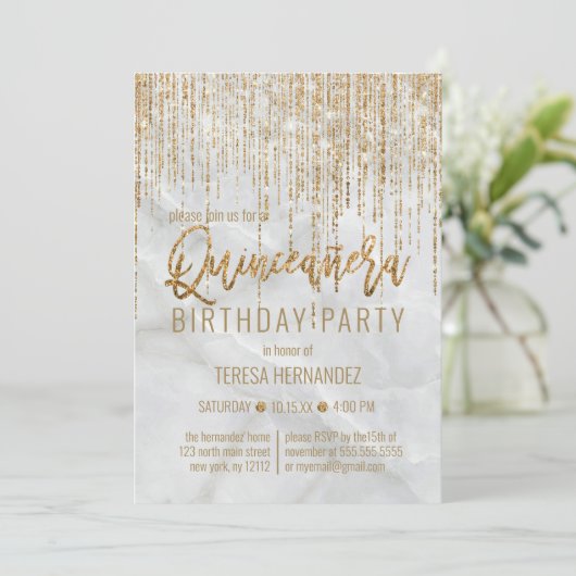 Luxe Wit Goud Glitter Pearl Marble Quinceañera Kaart (Staand voorkant)