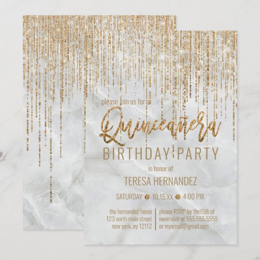 Luxe Wit Goud Glitter Pearl Marble Quinceañera Kaart (Voorkant / Achterkant)