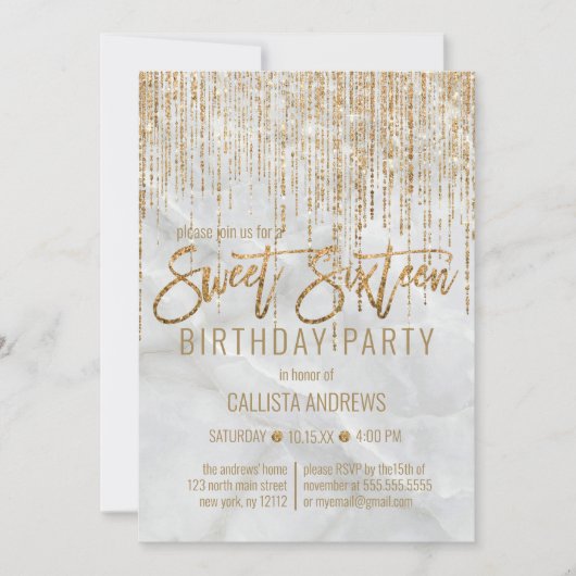 Luxe Wit Goud Glitter Pearl Marble Sweet 16 Kaart (Voorkant)