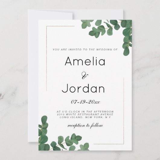 Luxe wit goud groen eucalyptus bladeren bruiloft kaart (Voorkant)