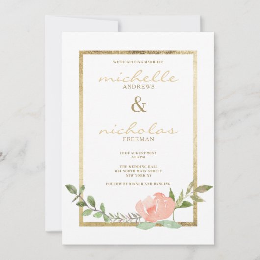 Luxe wit goud roze munt lente bloemenbruiloft kaart (Voorkant)