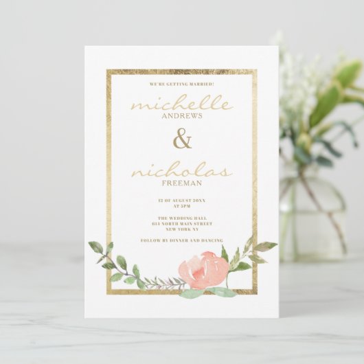 Luxe wit goud roze munt lente bloemenbruiloft kaart (Staand voorkant)