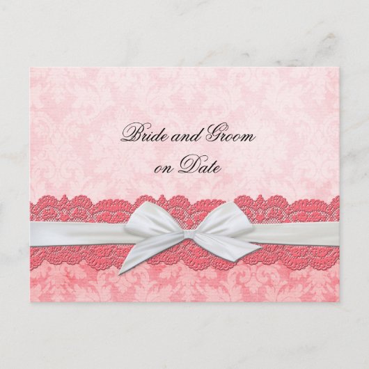 Luxe Wit Lint Roze Damast Save date card Aankondigingskaart (Voorkant)