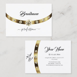 Luxe Wit met Goud Glitterende Diamanten Monogram Visitekaartje