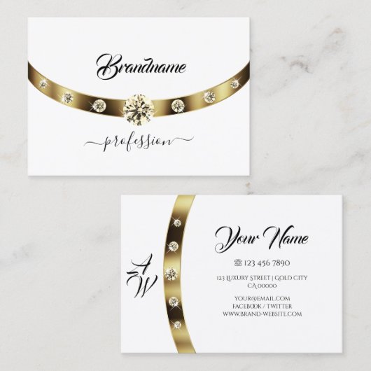 Luxe Wit met Goud Glitterende Diamanten Monogram Visitekaartje (Voorkant / Achterkant)
