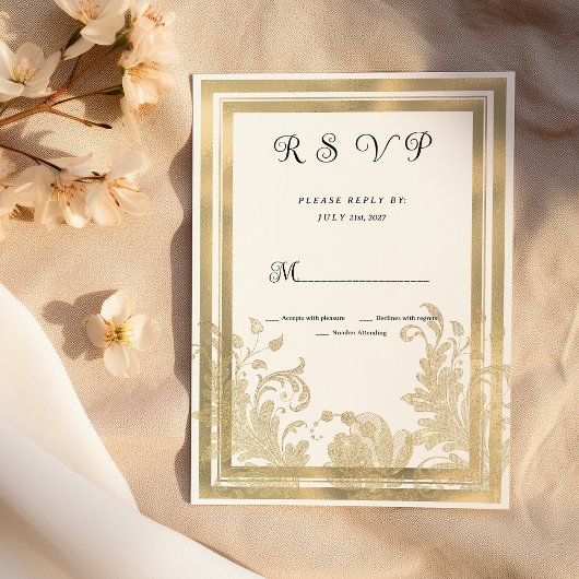 Luxe witgouden bloemen RSVP Kaart