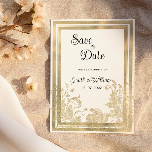 Luxe witgouden bloemen Save the Date Kaart