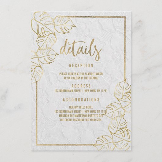 Luxe witgouden Franse bloemenkant Details Informatiekaartje (Voorkant)