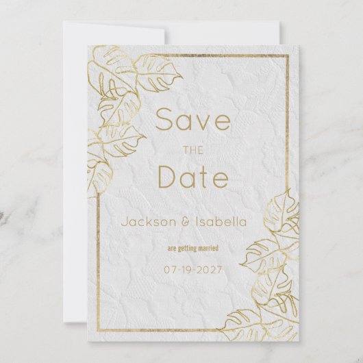 Luxe witgouden Franse bloemenkant Save the Date Kaart (Voorkant)
