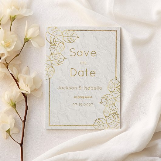 Luxe witgouden Franse bloemenkant Save the Date Kaart