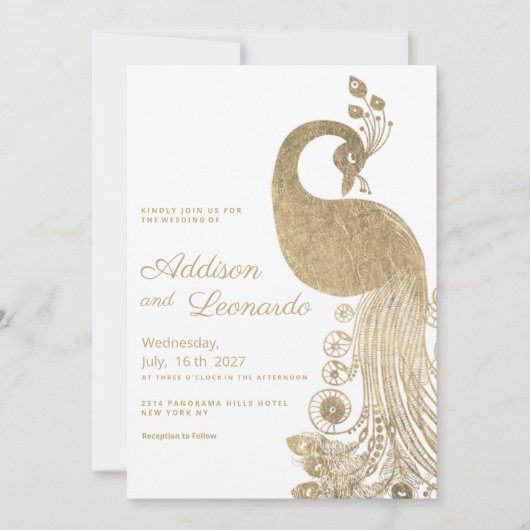 Luxe witgouden koninklijke pauw elegante bruiloft kaart (Voorkant)