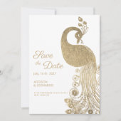Luxe witgouden koninklijke pauw Save the Date Kaart (Voorkant)