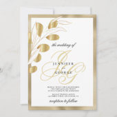 Luxe witgouden monogram initialen bloemenbruiloft kaart (Voorkant)