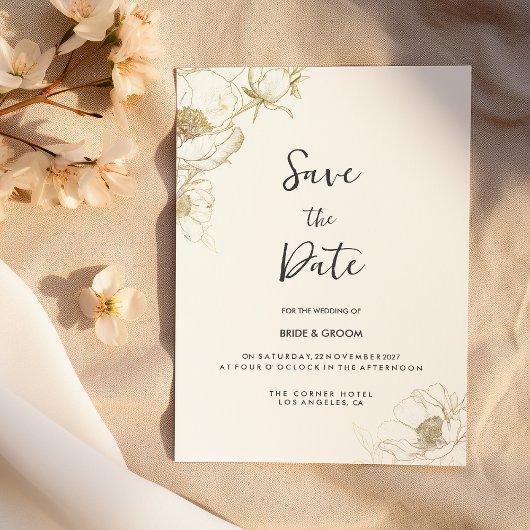 Luxe witgouden pioenroos bloemen Save the Date Kaart