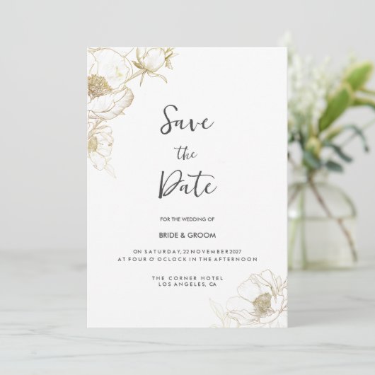Luxe witgouden pioenroos bloemen Save the Date Kaart (Staand voorkant)