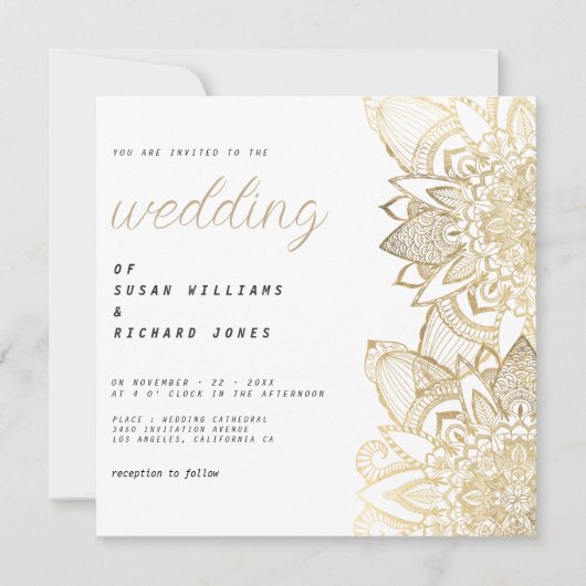 Luxe witgouden script floral mandala bruiloft kaart (Voorkant)