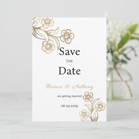 Luxe witgouden typografie floraal Save the Date Kaart (Staand voorkant)