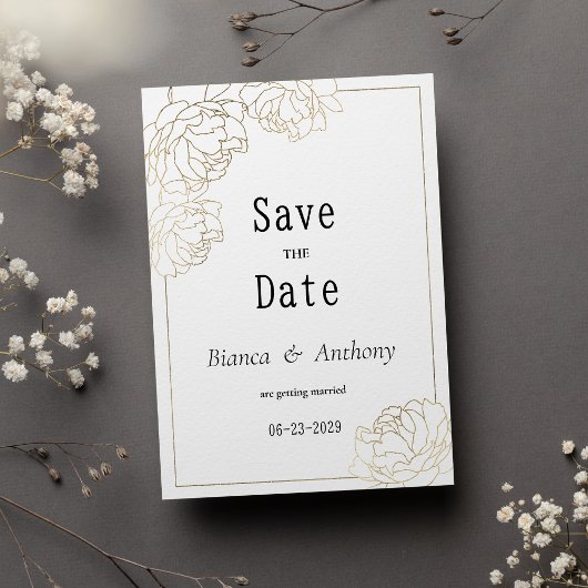 Luxe witgouden typografie pioen Save the Date Kaart