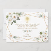 Luxe Witte Bloemen Goud Eerste Heilige Communie Bedankkaart (Voorkant)