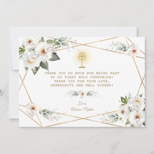 Luxe Witte Bloemen Goud Eerste Heilige Communie Bedankkaart (Voorkant)