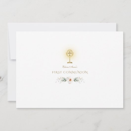 Luxe Witte Bloemen Goud Eerste Heilige Communie Bedankkaart (Achterkant)
