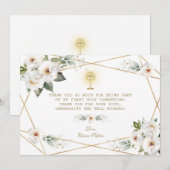 Luxe Witte Bloemen Goud Eerste Heilige Communie Bedankkaart (Voorkant / Achterkant)