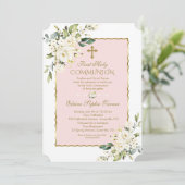 Luxe Witte Bloemen Goud Eerste Heilige Communie Kaart (Staand voorkant)