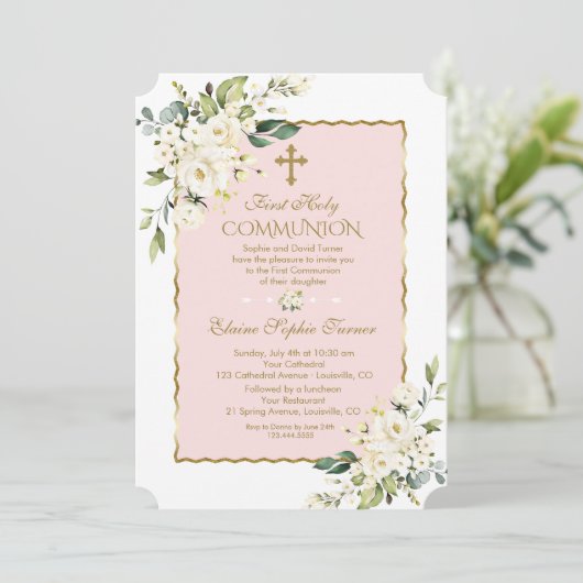 Luxe Witte Bloemen Goud Eerste Heilige Communie Kaart (Staand voorkant)