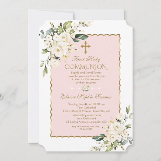 Luxe Witte Bloemen Goud Eerste Heilige Communie Kaart (Voorkant)