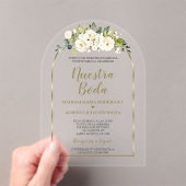 Luxe Witte Bloemen Goud Spaans Nuestra Boda Acryl Uitnodigingen (Insitu (Draagbaar))