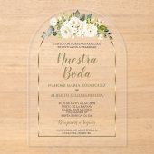 Luxe Witte Bloemen Goud Spaans Nuestra Boda Acryl Uitnodigingen (Voorkant)