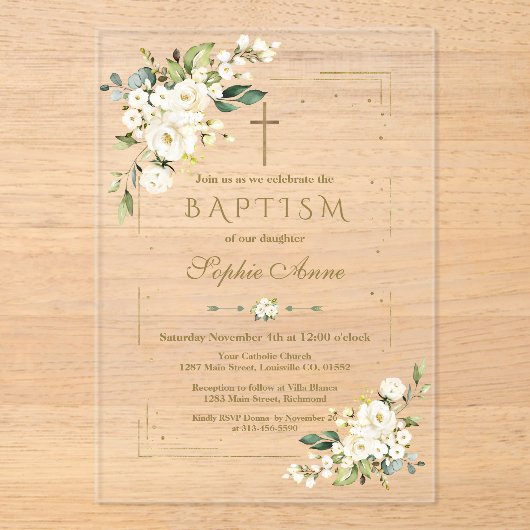 Luxe Witte Bloemen Gouden Glitter Kader Doop Acryl Uitnodigingen (Voorkant)