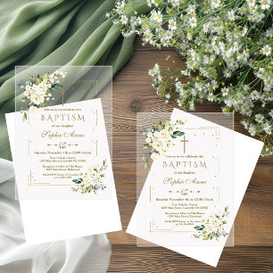 Luxe Witte Bloemen Gouden Glitter Kader Doopfeest Acryl Uitnodigingen