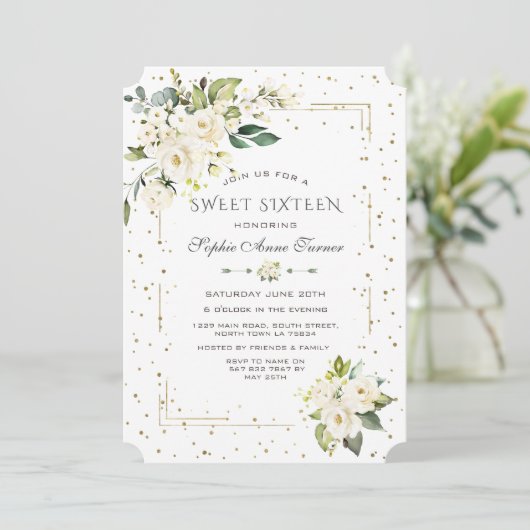 Luxe Witte Bloemen Gouden Glitters Sweet Sixteen Kaart (Staand voorkant)
