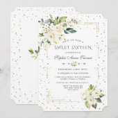 Luxe Witte Bloemen Gouden Glitters Sweet Sixteen Kaart (Voorkant / Achterkant)