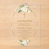 Luxe Witte Bloemen Gouden Jongen Bevestiging Acryl Uitnodigingen (Voorkant)