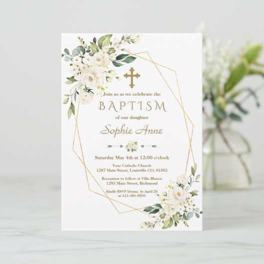 Luxe Witte Bloemen Gouden Kruis Frame Doop Kaart (Staand voorkant)